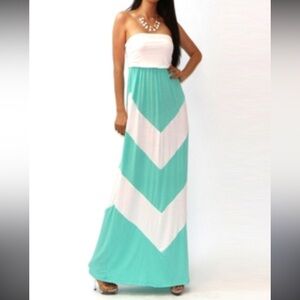 Chic Strapless Turquoise and‎ White Maxi Dress
